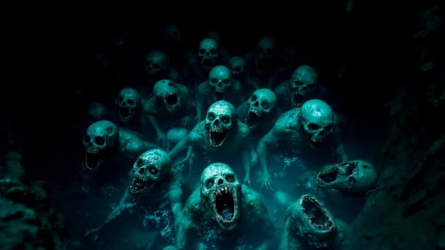 A terrible dark pit. Horrible monsters in the twilight. Horror fantasy genre. Scary video clip for Halloween.	
