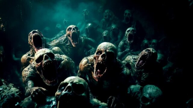 A terrible dark pit. Horrible monsters in the twilight. Scary video clip for Halloween.	
