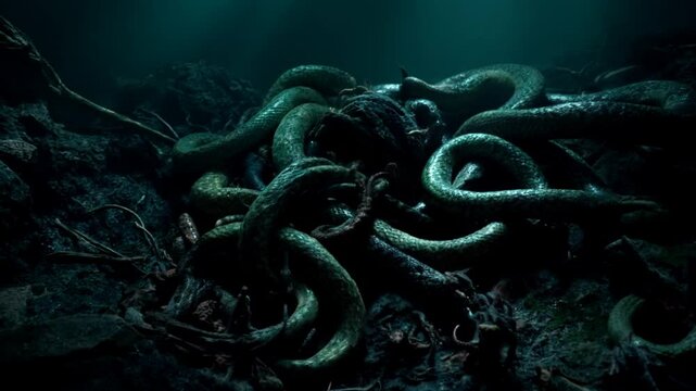 A terrible dark pit. Horrible monsters in the twilight. Scary video clip for Halloween.	
