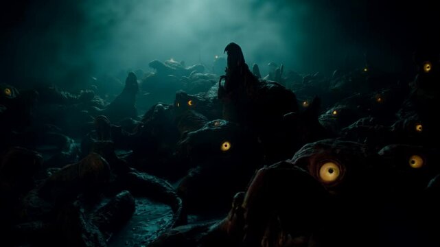 A terrible dark pit. Horrible monsters in the twilight. Scary video clip for Halloween.	
