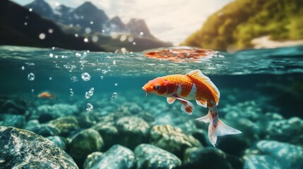 Obraz premium Orange Fish Leaping Underwater