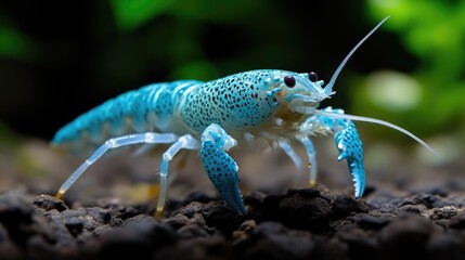 Vibrant blue crayfish in aquarium