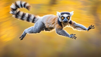 Fototapeta premium Fossa hunting lemur Madagascar rainforest canopy dynamic action shot with blurred foliage golden sunlight filtering through trees
