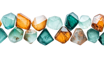 Png of Vibrant collection of polished gemstones, featuring a blend of teal, amber, and green colors, showcasing their natural beauty on transparent background.