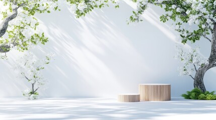 Obraz premium A serene image displays two wooden cylindrical podiums, ideal for product display. White flowering trees flank a minimalist white background, bathed in sunlight. The high-resolution image boasts a br