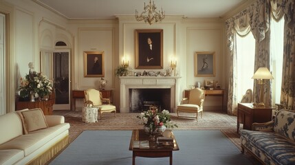 A beautifully decorated living room showcasing elegance and historical ambiance