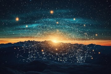 Fototapeta premium Global network connecting data over mountain range at sunrise under starry sky