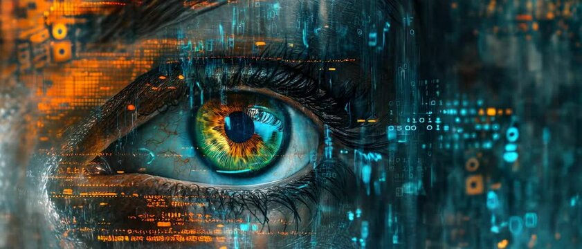 Hacker eye and digital data, pattern of network information for cyber security theme. Concept of ai, technology, future, spy, code, hack