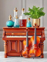 Antique piano with violins, decorative bottles, and plant