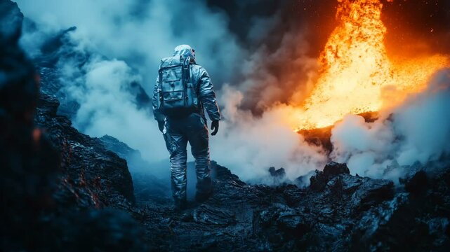 A Dynamic Space Explorer is Walking Through a Breathtaking Volcanic Landscape, filled with smoke and lava