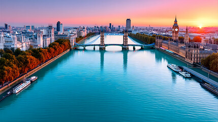 Naklejka premium Panoramic sunrise view of a city's iconic bridge and clock tower reflected in a calm river