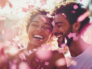 Obraz premium Couple Laughing Under Falling Confetti Celebrates Love and Joy Outdoor