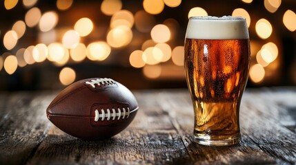 A close-up view of a frosty beer glass beside a brown football on a rustic wooden table. with a cozy bar atmosphere and soft bokeh lights in the background. ideal for sports-themed events