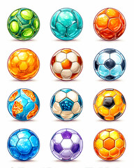 Twelve vibrant, stylized soccer balls in various textures and colors