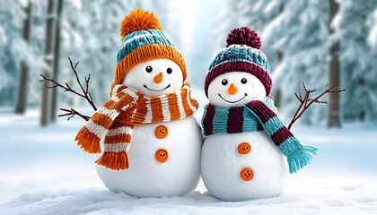 Fototapeta premium Two cheerful snowmen in winter hats and scarves, standing in a snowy forest