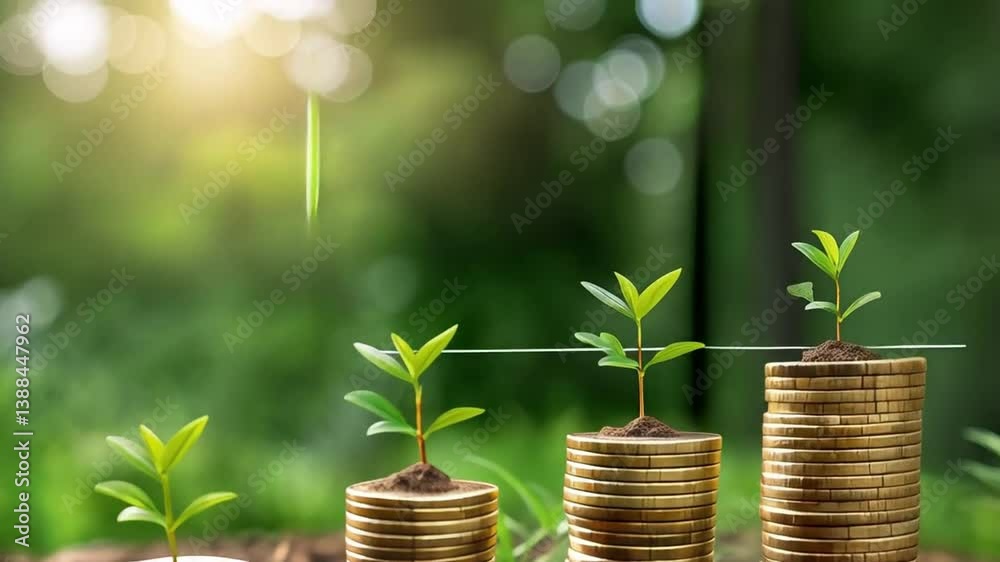Poster stacks of coins with small plants growing from them showing financial growth and investment idea
