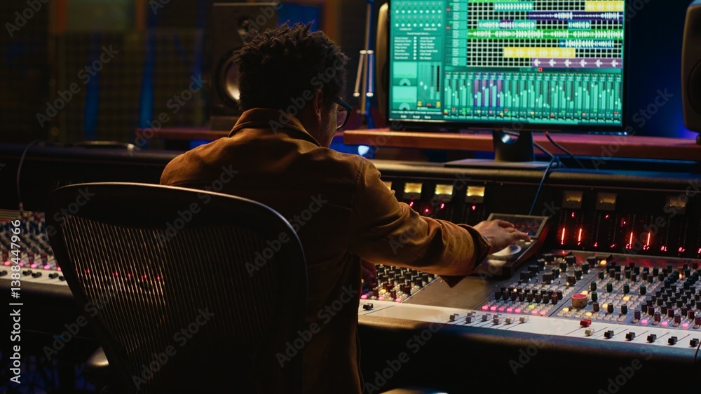 Poster african american music producer finishing his new track in professional studio, recording and editin