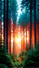 Obraz premium Vibrant sunset illuminating a path through a lush evergreen forest