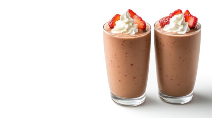 Two glasses of delicious, strawberry chocolate smoothies, topped with whipped cream and fresh strawberries