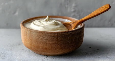 Bowl of creamy yogurt with a wooden spoon in simple, flavorful watercolor