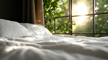 Fototapeta premium Sunrise through window, pristine bed