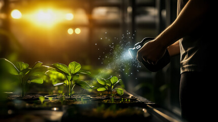 Person Waters Plants with AI System