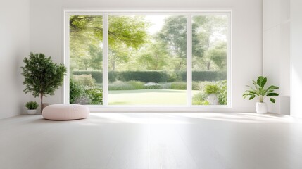 Fototapeta premium A pale pink round cushion rests on a bright white floor. A large window displays a verdant garden view. Small potted plants flank the window. The image is clean and minimalist, with soft, natural lig