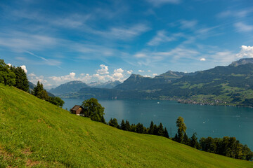 Hiking and traveling. Mountains landscape. Switzerland landscape. Swiss mountains and lake. Idyllic...