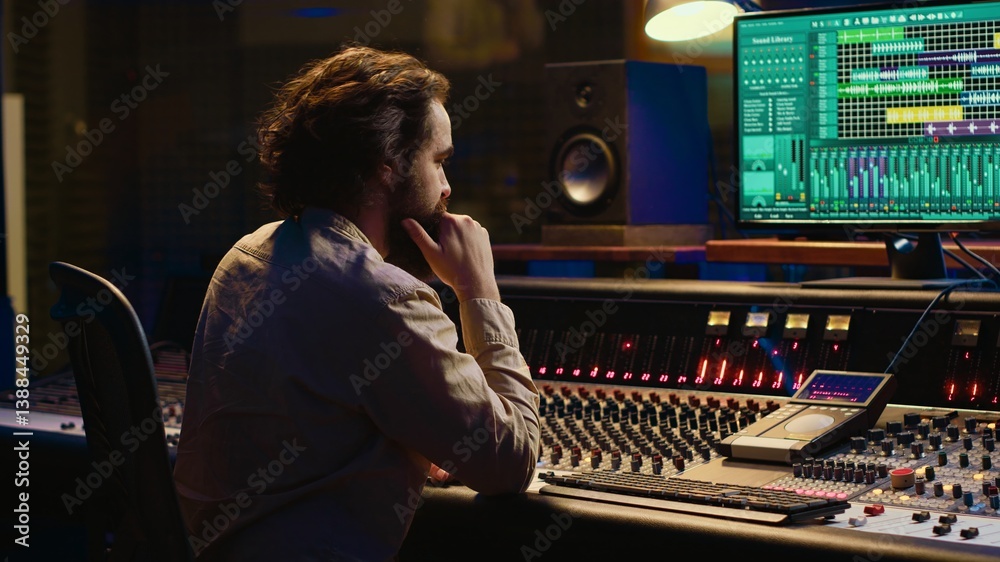Poster music producer editing sounds with mixing console and switchers to remove tonal imbalances or white 