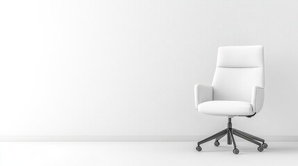 A white office chair with a padded seat and back sits in a minimalist room. The chair is centrally positioned against a plain white wall. The image is high quality with even lighting. Its clean, mod