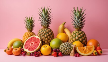 Colorful Arrangement of Tropical Fruits on Pink Background