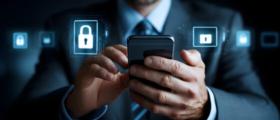 Businessman securing network communications with encrypted data transmission on mobile devices