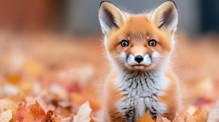 Adorable fox kit in autumn leaves