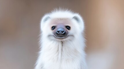 A fluffy white animal, possibly a digitally altered mongoose, stares directly at the camera. It has a unique, dark-nosed face. The background is a blurred, muted brown. The image is high quality, wit