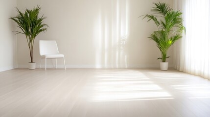 A minimalist room features a white chair and two potted palm plants. The composition is simple, with the chair centered. The image is high quality, bright, and shows natural light. The style is cle