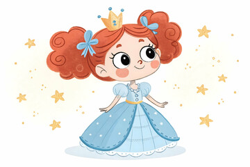 Adorable cartoon princess with big sparkling eyes and rosy cheeks, wearing a light blue gown with puffy sleeves and elegant details. She has curly red hair tied into pigtails with blue ribbons.