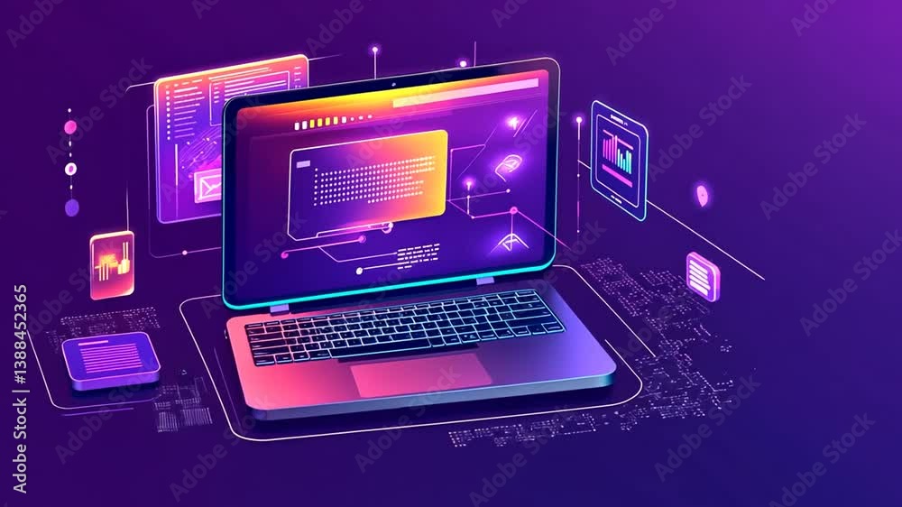 Poster digital workspace showcasing a laptop with advanced graphics generative ai