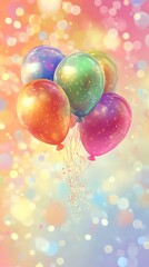 Colorful balloons floating in a celebratory bokeh background