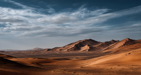 Naklejka premium Desert dunes with wind-sculpted patterns and shifting hues under a vast sky