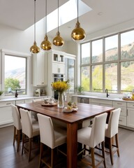 Obraz premium A bright, airy modern farmhouse kitchen with a large island featuring a rich walnut wood top