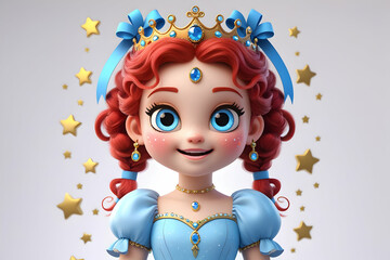Fototapeta premium Adorable cartoon princess with big sparkling eyes and rosy cheeks, wearing a light blue gown with puffy sleeves and elegant details. She has curly red hair tied into pigtails with blue ribbons.