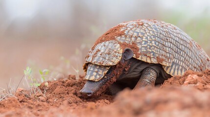 Obraz premium Giant armadillo excavating burrow Cerrado ecosystem armored plates caked red dirt