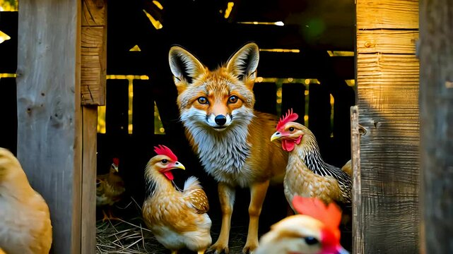 Fox enters chicken coop with curious expression surrounded by hens inside barn