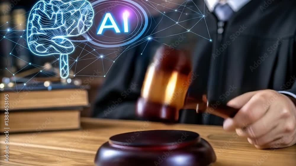 Poster judge holding gavel with ai brain graphic overlay on books in courtroom setting on wooden table