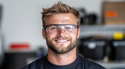 Smiling man in safety glasses,  professional, confident, and happy.  Focuses on a friendly, approachable demeanor