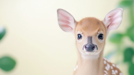 Fawn with soft ears, delicate features, pastel soft style, high-resolution sharp focus, frontal close-up view, gentle expression, blurred green foliage, warm beige tones, ideal for nature ads.