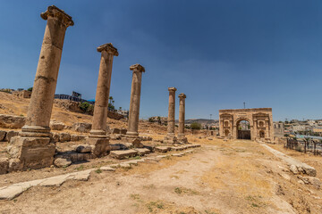 Colonnaded street to the North Gate in the ancient city Jerash, Jordan