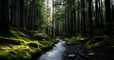 Obraz premium Gentle creek winding through a moss-covered forest with dappled sunlight filtering through trees