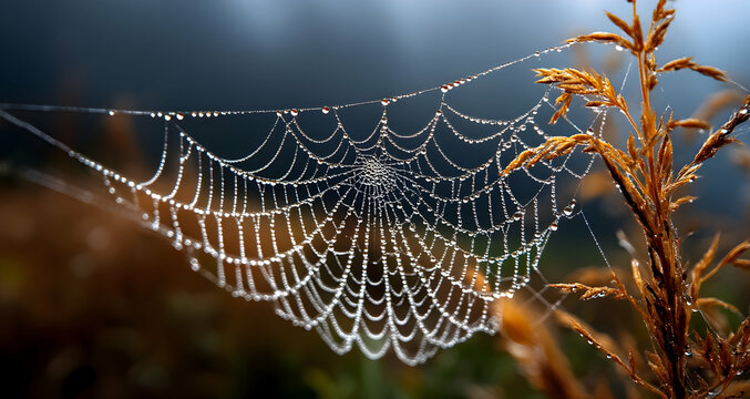 Glistening spiderweb adorned with dewdrops under morning light in intricate detail