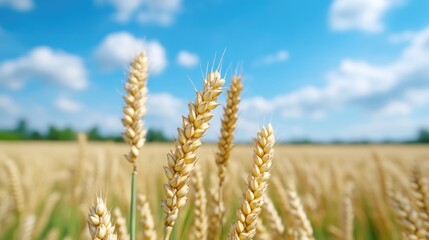 Fototapeta premium Golden wheat field under a vibrant blue sky. Close-up of wheat heads against a backdrop of a vast field